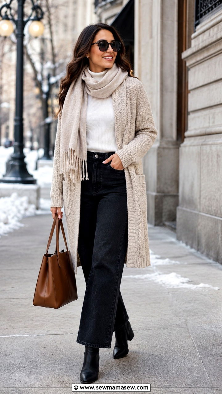 Longline Cardigan With Wide Leg Jeans and Turtleneck - 25 Wide leg jeans outfit ideas with a cardigan