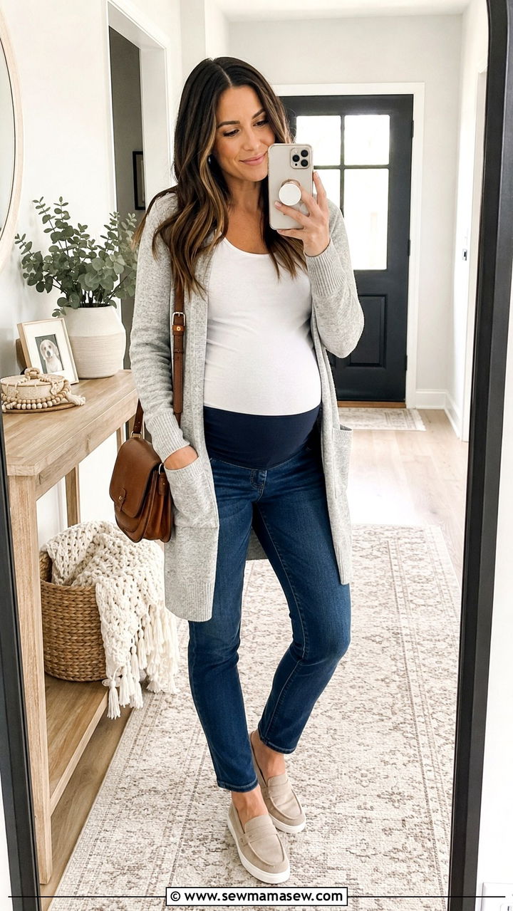Longline Cardigan and Maternity Jeans - 20 Maternity outfit ideas come home outfit