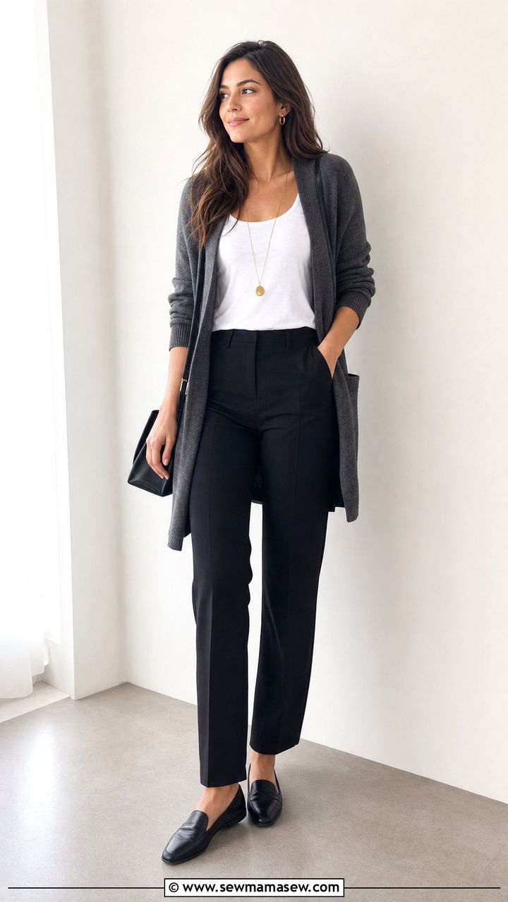Longline Cardigan and Straight Leg Trousers Office Look - 35 Business casual outfits for first job