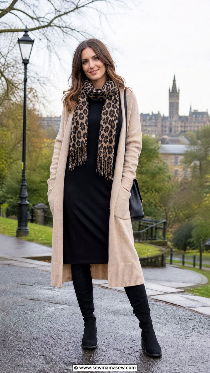 Longline Cardigan and T Shirt Dress With Flat Over the Knee Boots - 25 Glasgow outfit ideas