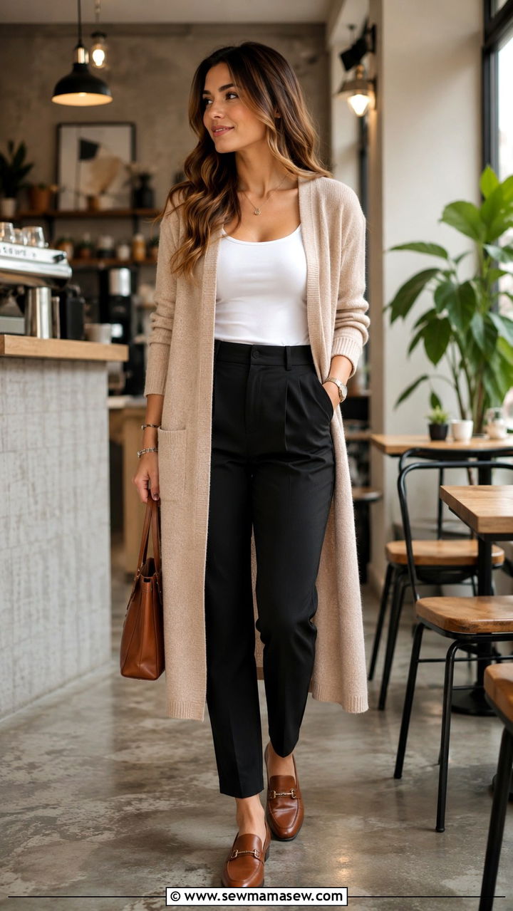 Longline Cardigan with Fitted Tank and High Waisted Trousers - 25 Outfits that flatter the midsection