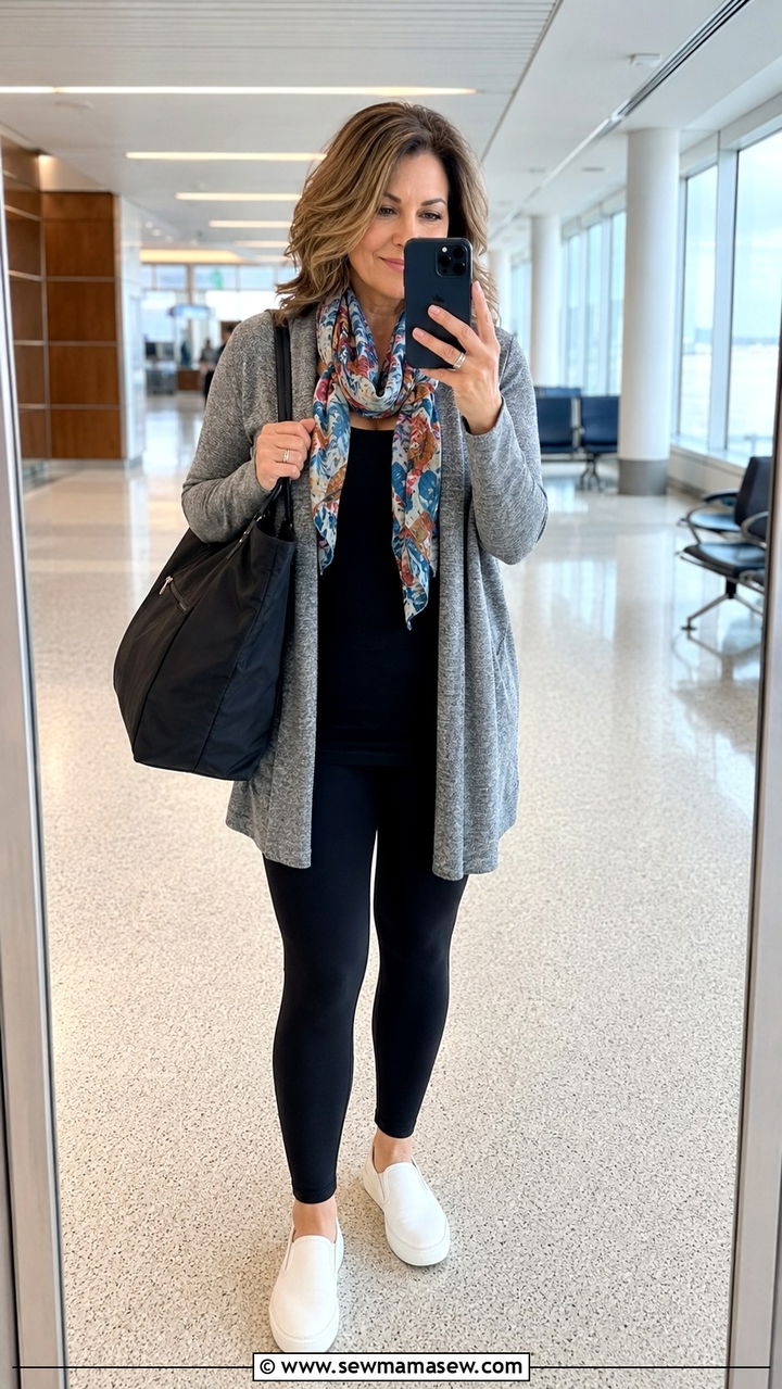 Longline Cardigan with Leggings and Slip On Shoes - 25 What to wear on a plane over 40