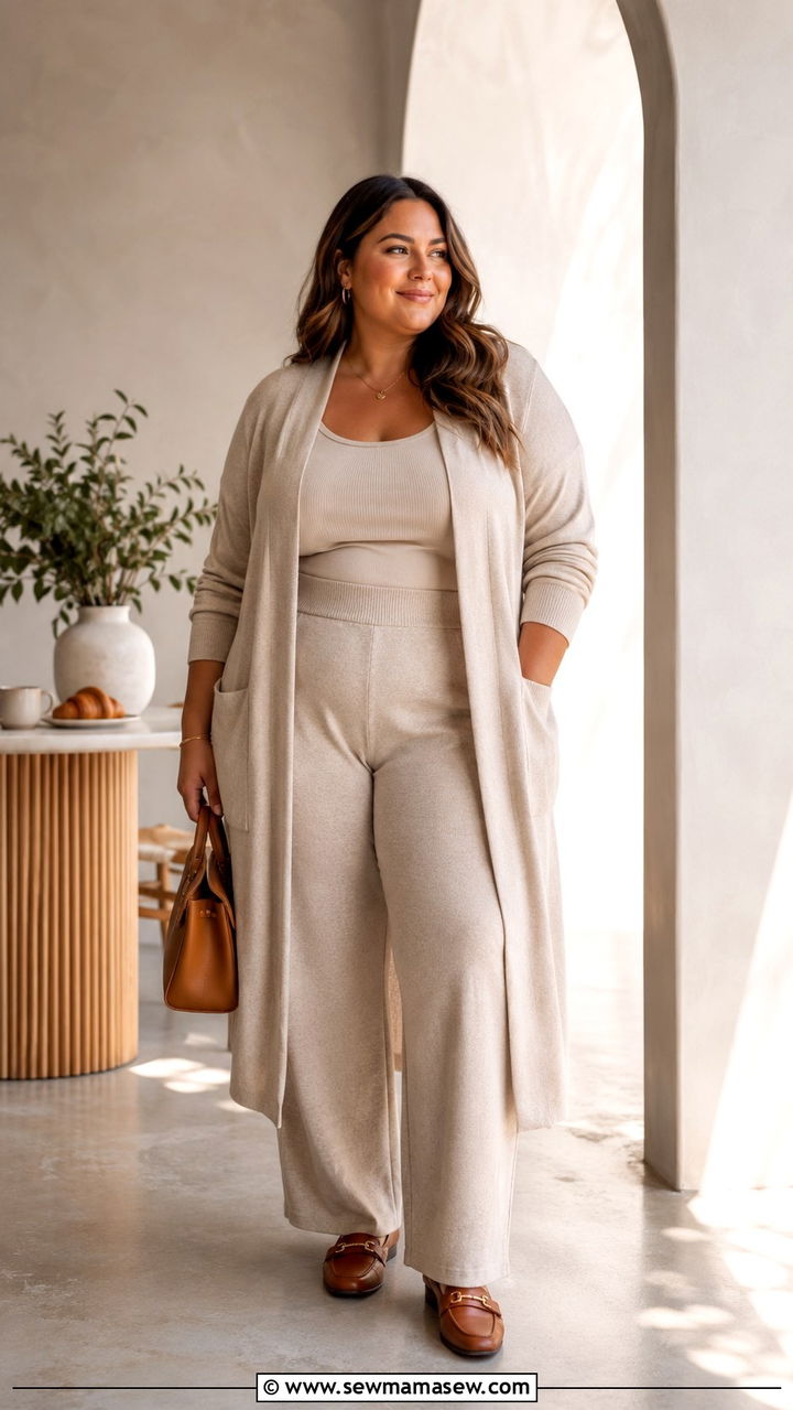 Longline Cardigan with Matching Relaxed Trousers - 30 Brunch outfit ideas plus size