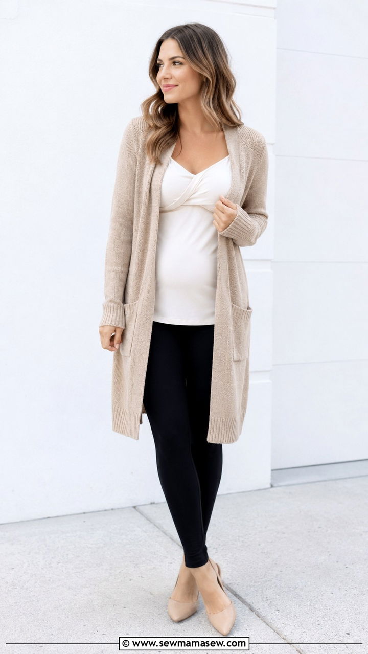 Longline Cardigan with Nursing Cami and Leggings - 25 Postpartum outfit ideas 2026