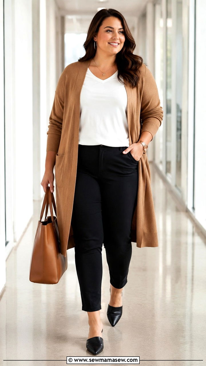 Longline Cardigan with Slim Pants - 30 Office outfit ideas plus size
