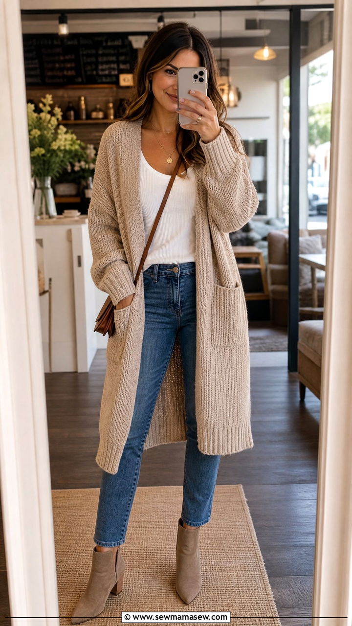 Longline Cardigan with Slim Straight Jeans - 25 Brunch outfits with jeans