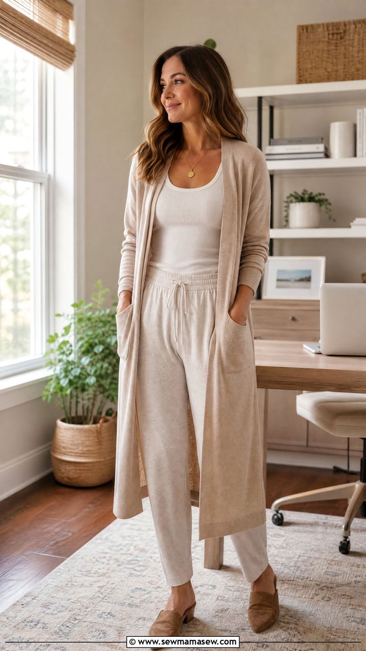 Longline Cardigan with Tank Top and Lounge Pants - 25 Loungewear outfit ideas for moms