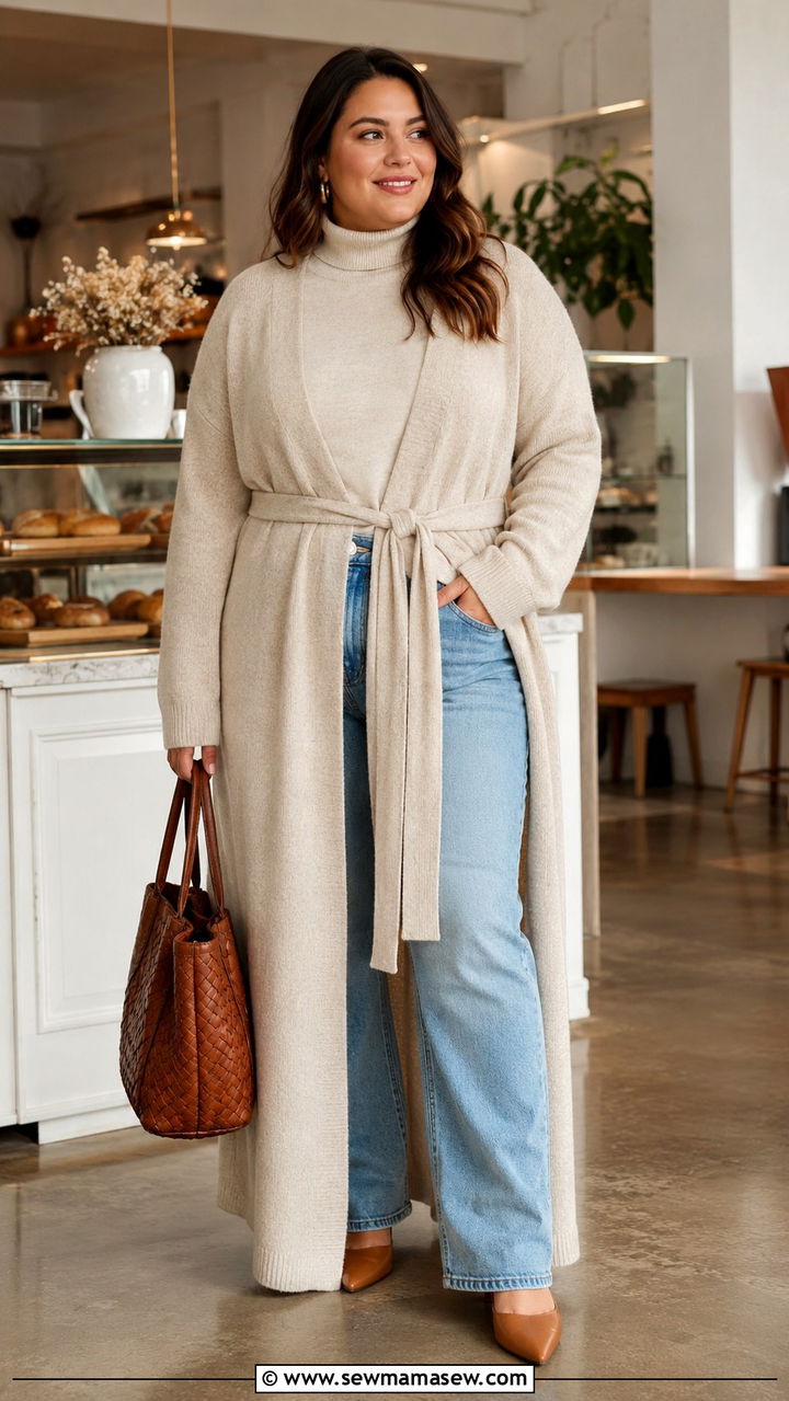 Longline Cardigan with Turtleneck and Straight Leg Jeans Plus Size - 30 Modest outfit ideas plus size