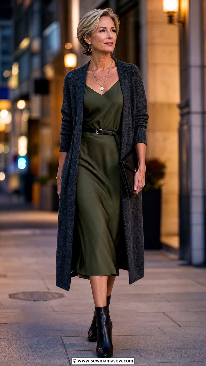 Longline Cardigan with a Slip Dress and Ankle Boots - 25 grunge outfit ideas for women over 40