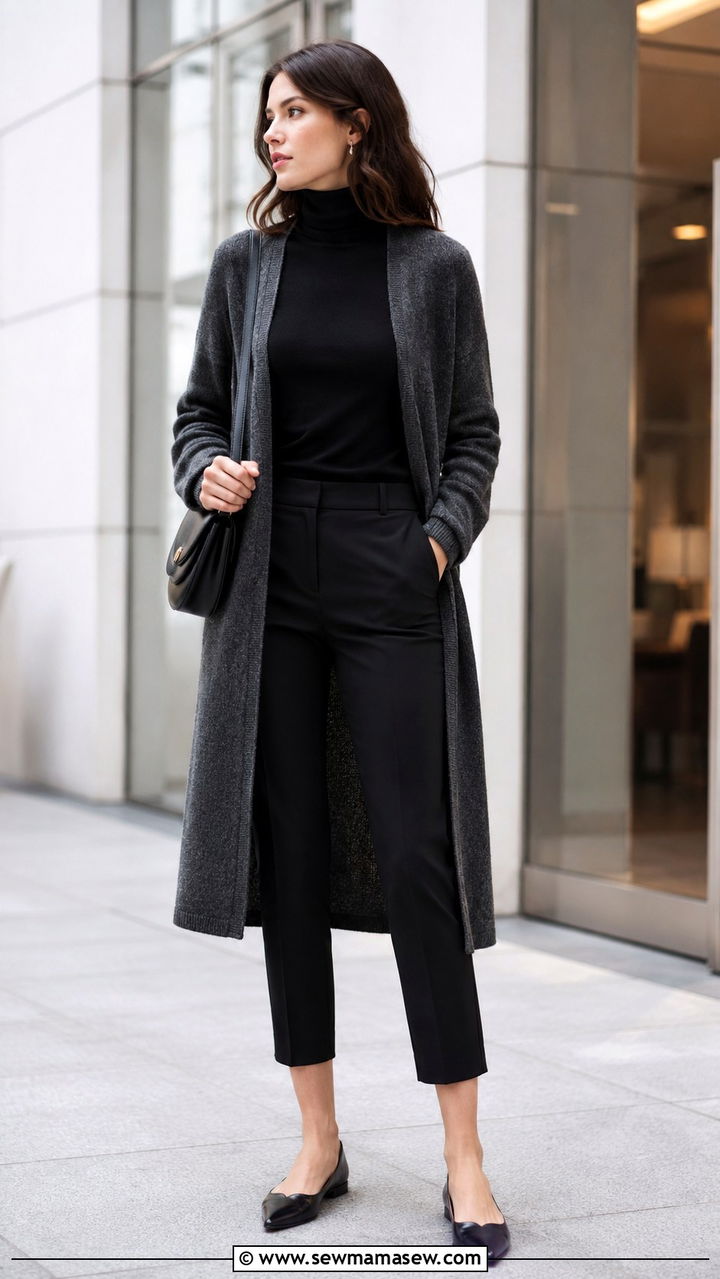 Longline Cardigan with a Turtleneck and Slim Trousers - 30 How to style a cardigan for work