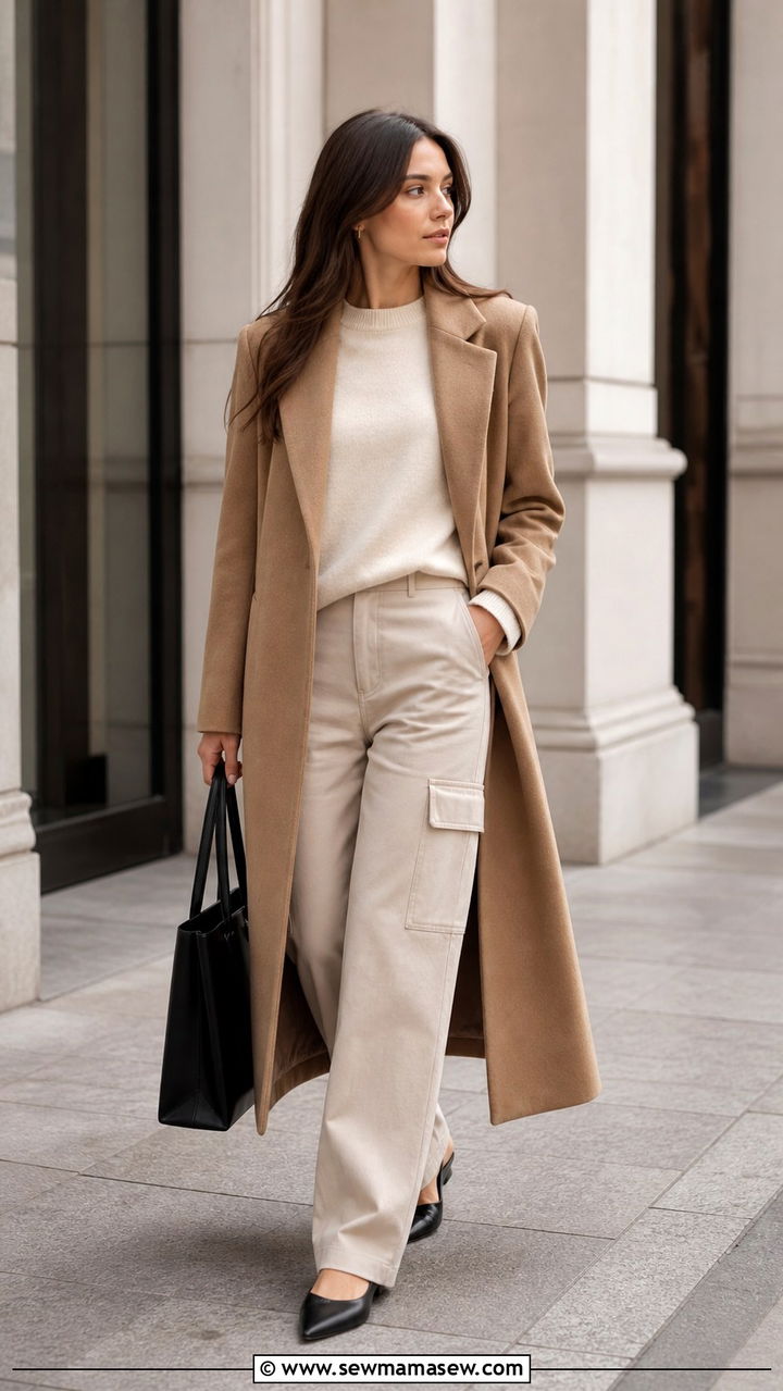 Longline Coat With Cargo Pants and Pointed Flats Outfit - 40 cargo pants outfit ideas for women