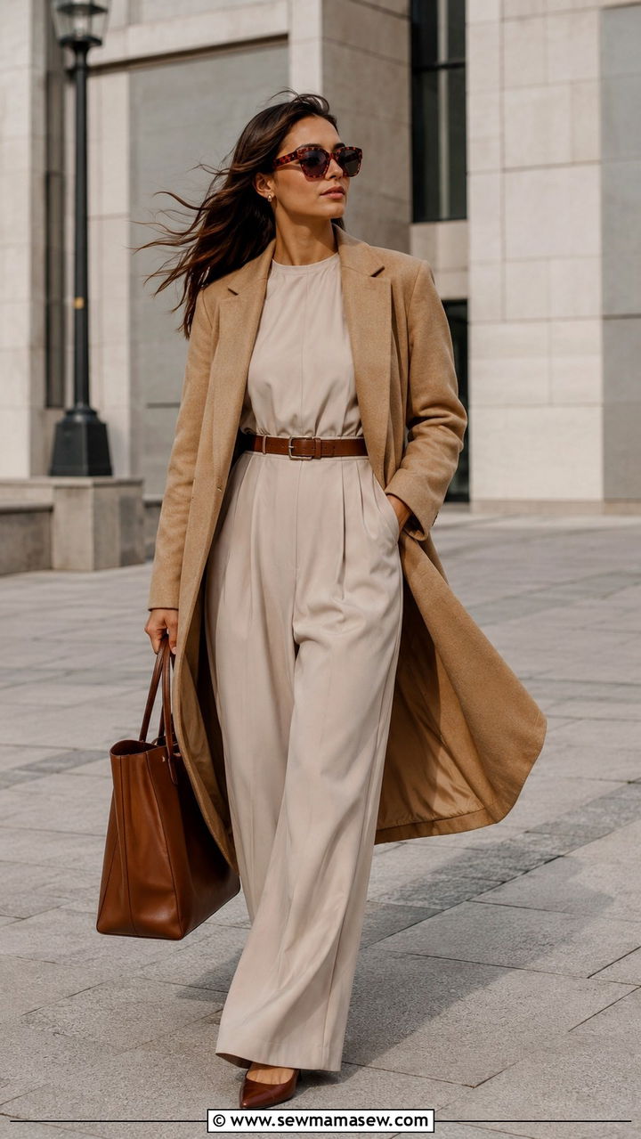 Longline Coat With Wide Leg Jumpsuit And Pointed Flats - 25 windy day outfits aesthetic