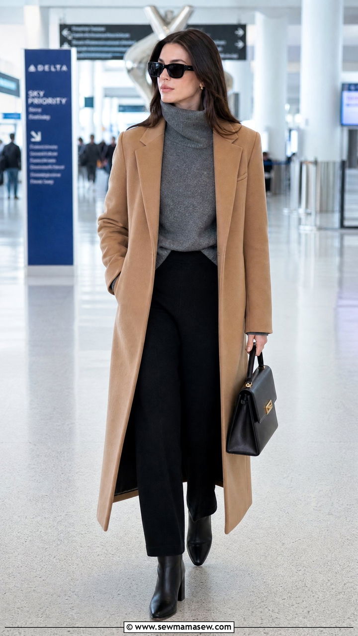 Longline Coat with Turtleneck and Knit Pants - 25 Loungewear outfit ideas for travel