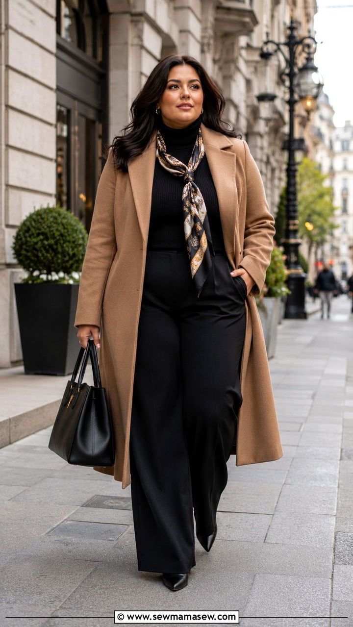 Longline Coat with Turtleneck and Wide Leg Pants Plus Size - 30 Modest outfit ideas plus size