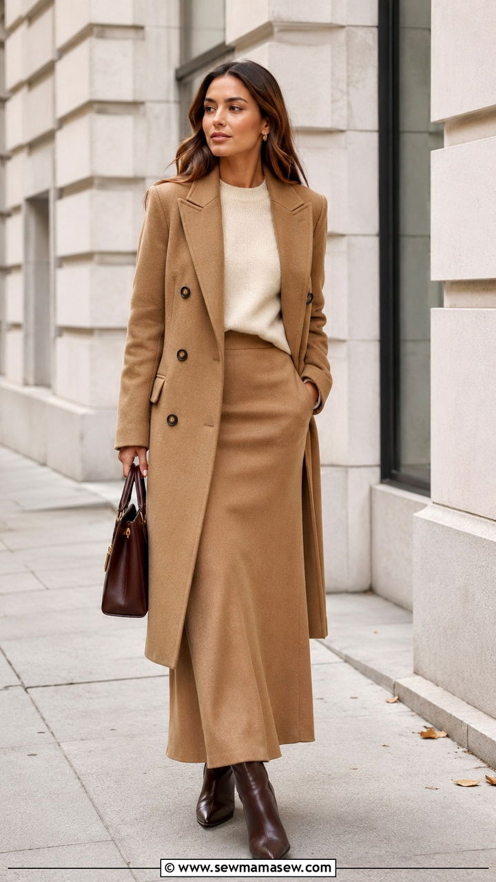 Longline DoubleBreasted Blazer With Maxi Skirt And FineKnit Sweater Outfit - 25 work outfits for modest women