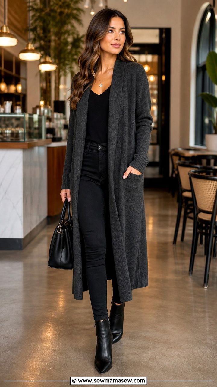 Longline Duster Cardigan with Skinny Jeans and Ankle Boots - 40 casual cardigan outfits