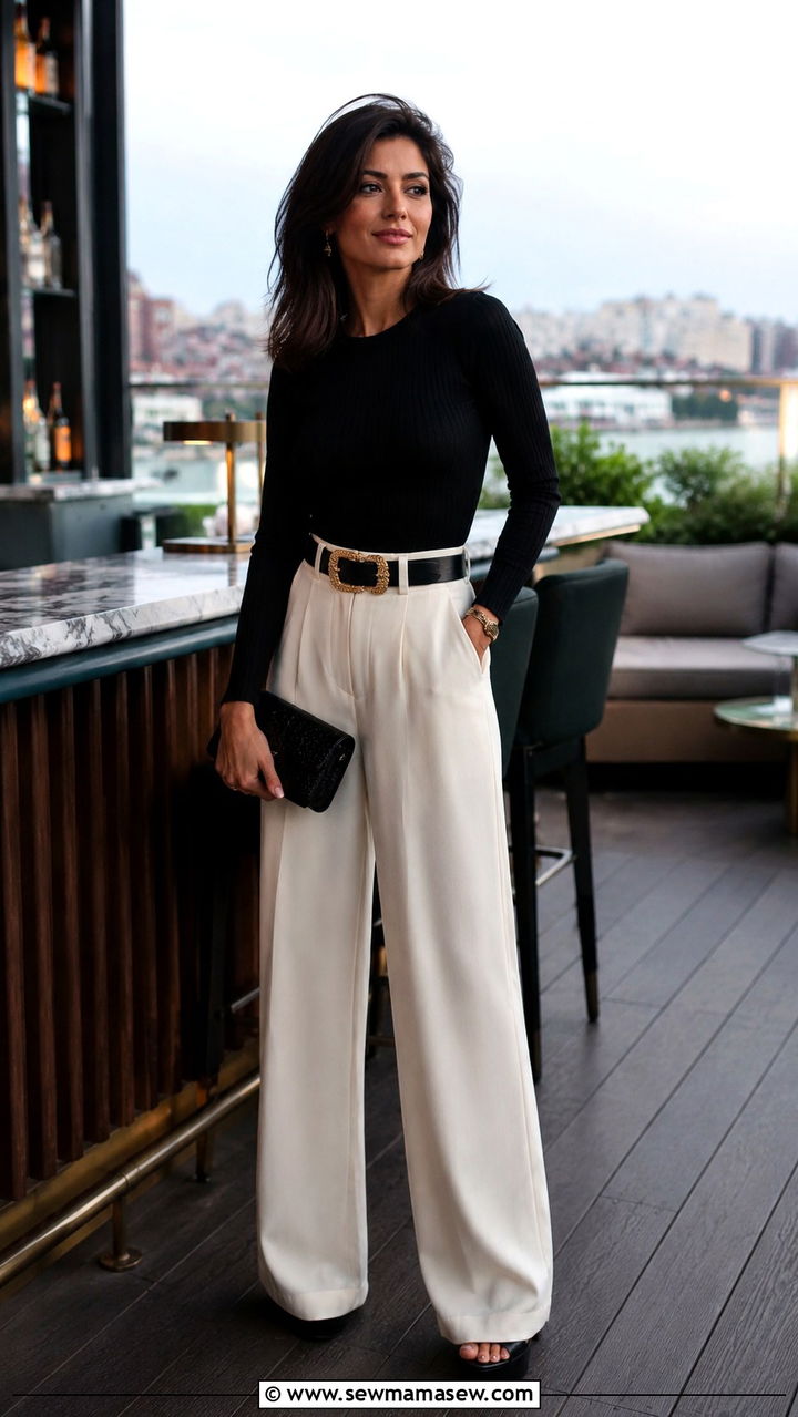 Longline Fitted Top With High Waisted Wide Leg Pants - 25 Outfit ideas to create hourglass