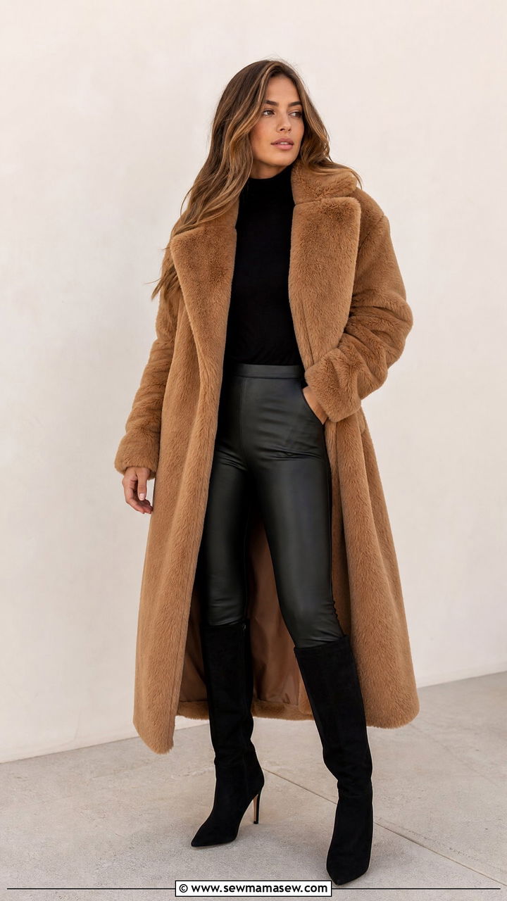 Longline Fur Coat with Leggings and Knee High Boots - 35 Fur coat outfit ideas