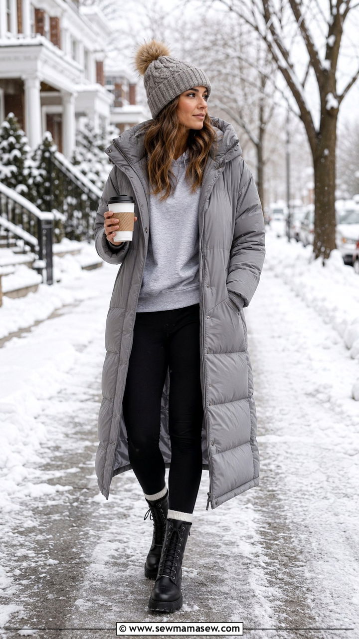 Longline Gray Puffer With Leggings And Combat Boots - 25 Puffer jacket outfit ideas cute