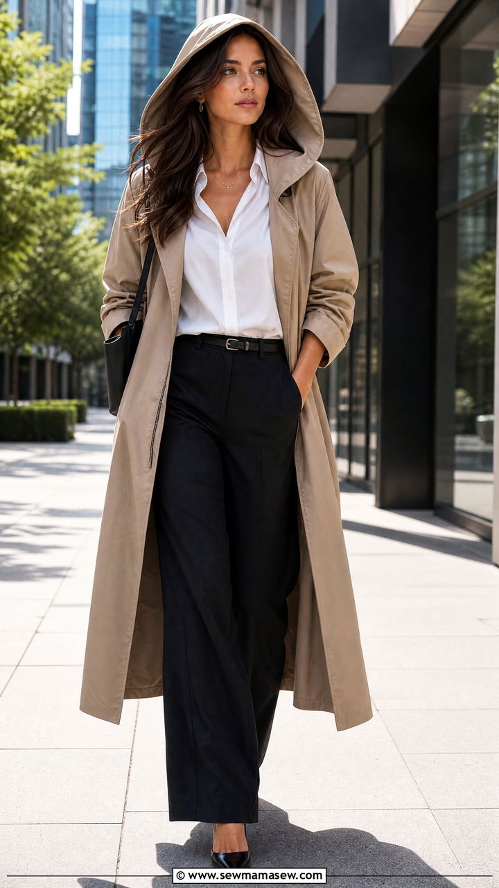 Longline Hooded Trench Coat With Wide Leg Trousers And Pointed Toe Heels - 35 Hooded coat outfit ideas