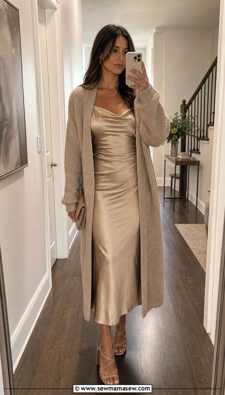 Longline Knit Cardigan With Slip Dress - 25 classy outfits for women with wide hips