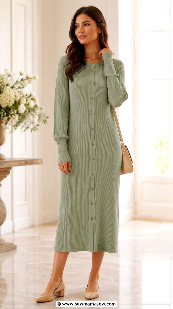 Longline Knit Dress with Front Buttons - 30 Modest outfit ideas 2026