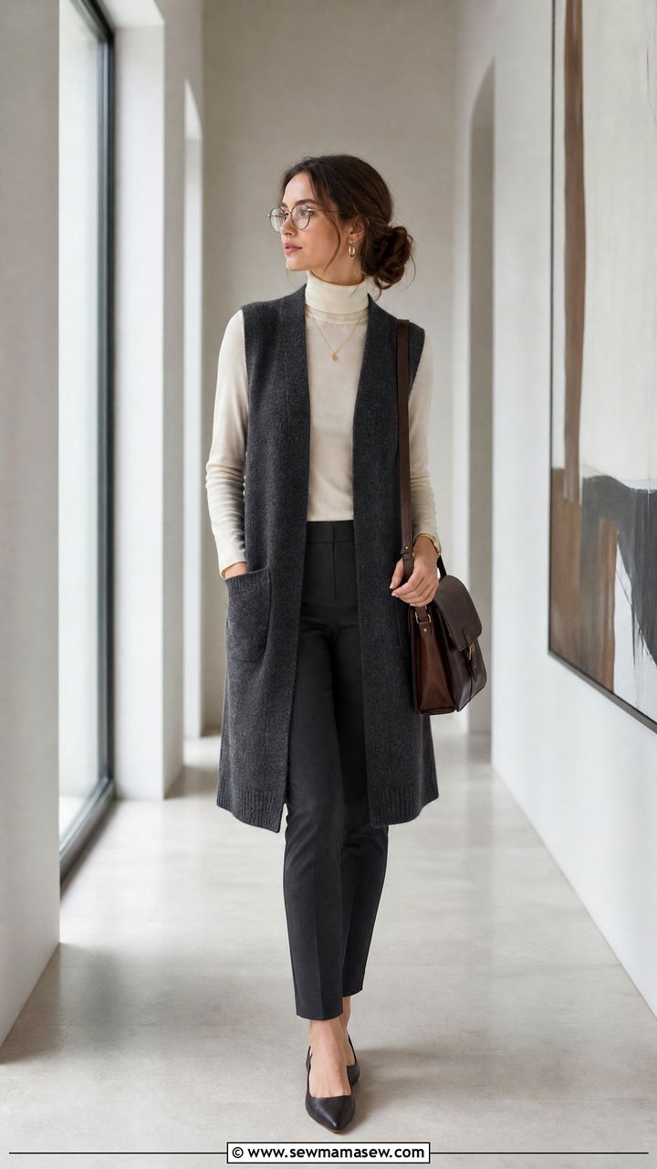 Longline Knit Vest With Slim Fit Trousers - 25 classy librarian core outfits