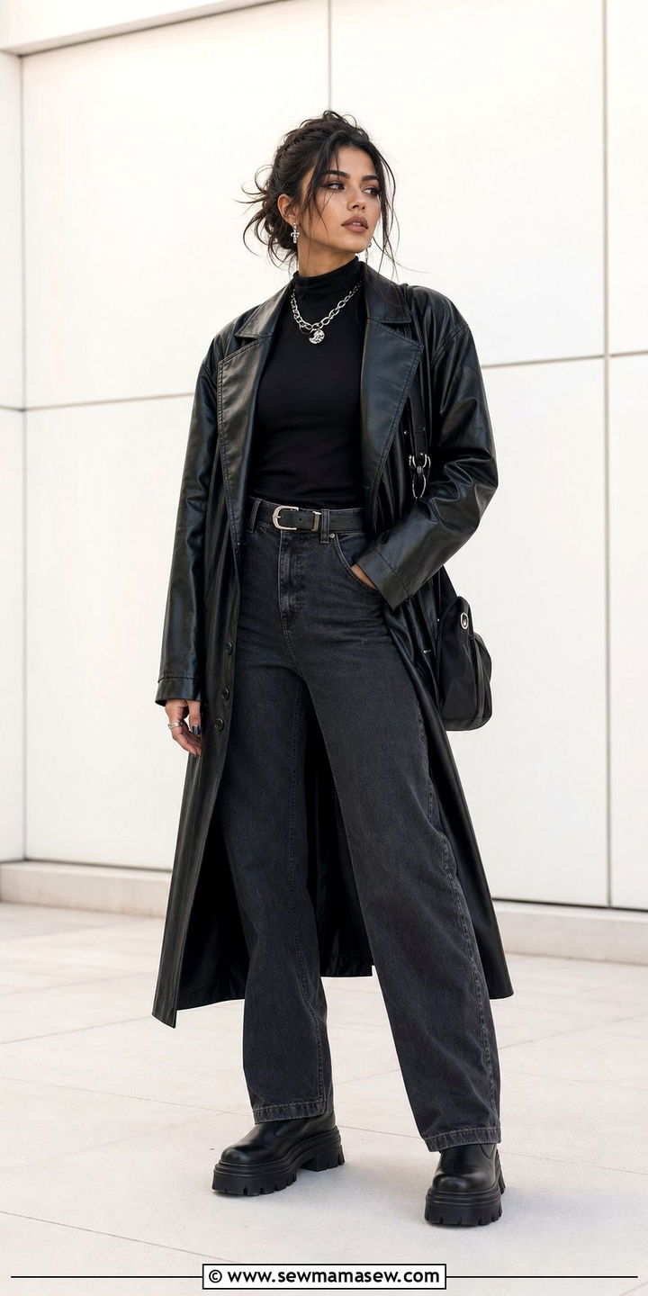 Longline Leather Coat With A Black Turtleneck And Straight Leg Jeans - 25 cute grunge outfits