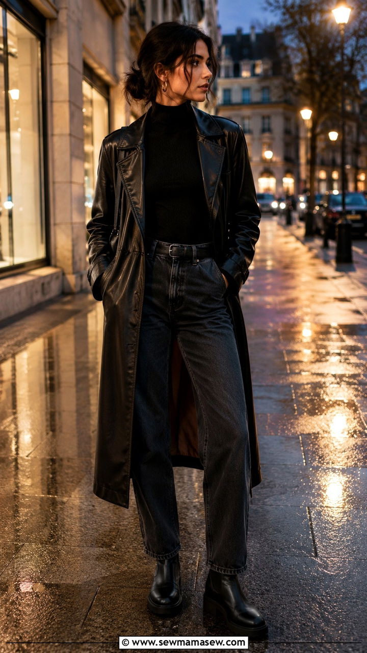 Longline Leather Coat and Turtleneck with Straight Leg Jeans - 30 grunge outfits inspo