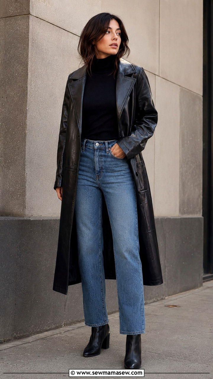 Longline Leather Coat with Black Turtleneck and Straight Leg Jeans - 30 casual grunge outfits