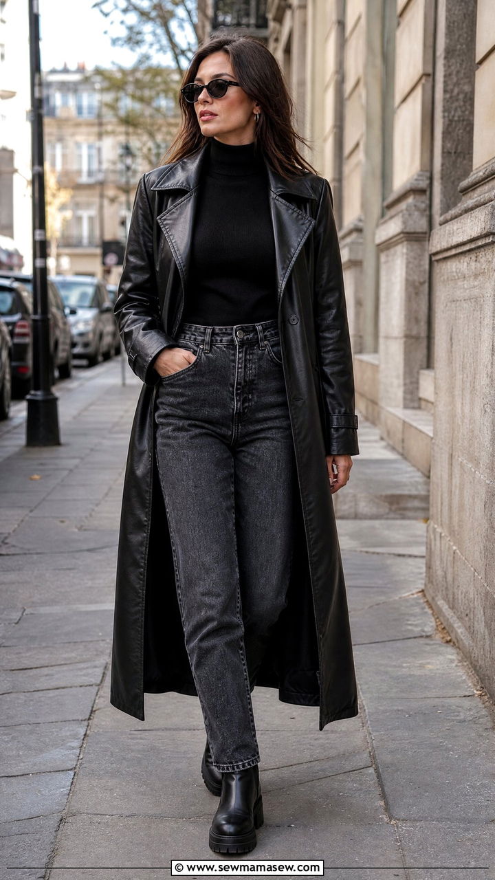 Longline Leather Coat with Turtleneck and Straight Leg Jeans - 35 grunge outfit ideas for women
