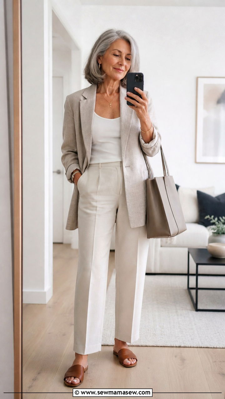 Longline Linen Blazer Over Straight Leg Trousers - 20 Apple shape outfits for women over 60