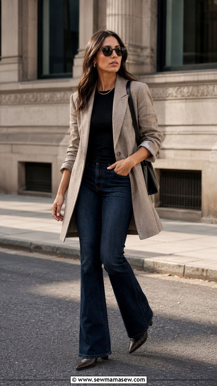 Longline Linen Blazer With Bootcut Jeans - 30 Linen blazer outfit ideas with jeans