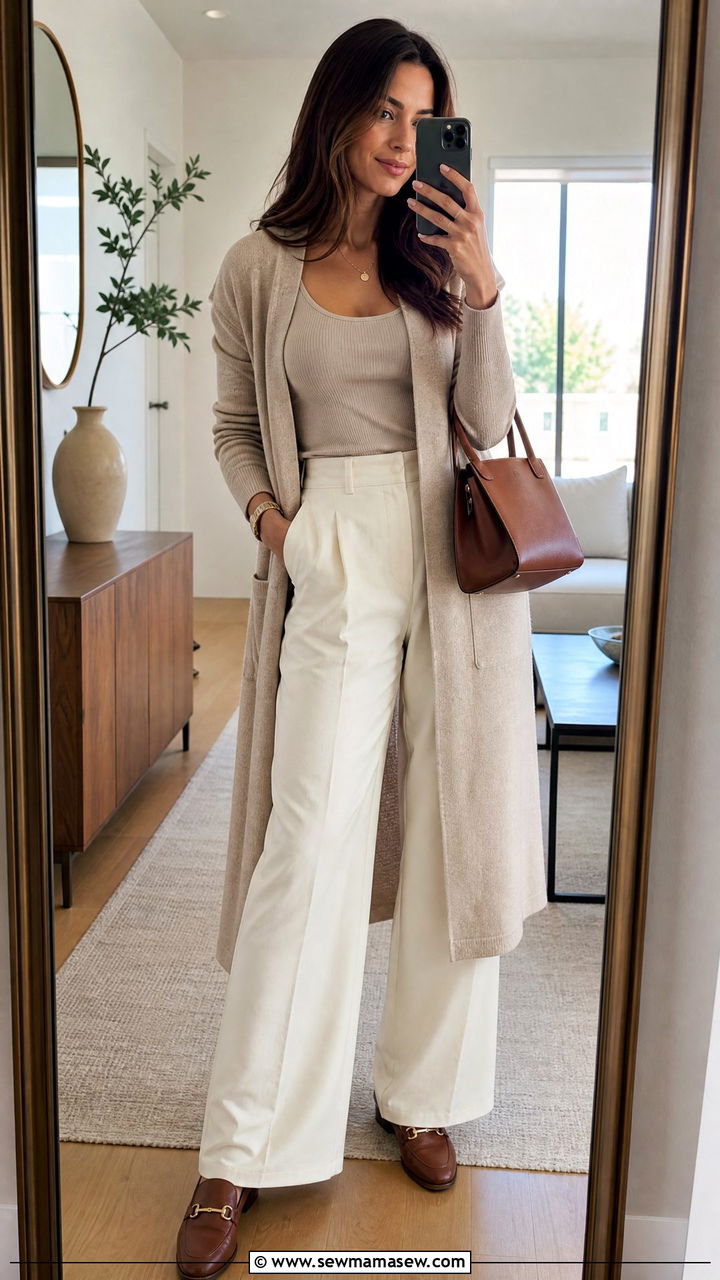 Longline Open Cardigan With a Fitted Tank and Wide Leg Trousers - 30 Cool morning warm afternoon outfits