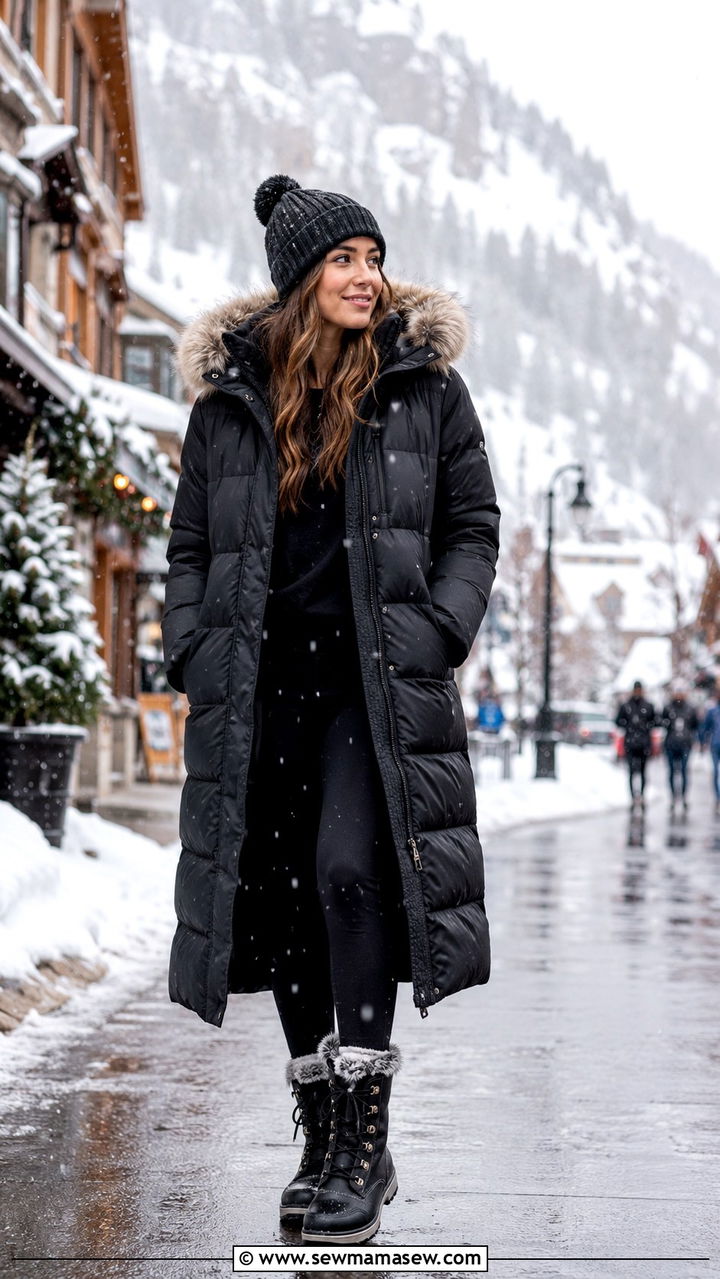 Longline Puffer Coat With Fleece Leggings And Snow Boots - 30 Rainy day travel outfit ideas