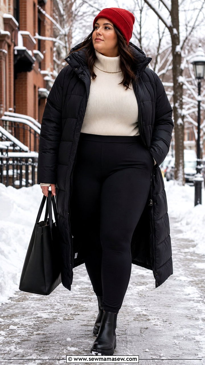 Longline Puffer Coat with Black Leggings - 30 Plus size outfit ideas with leggings