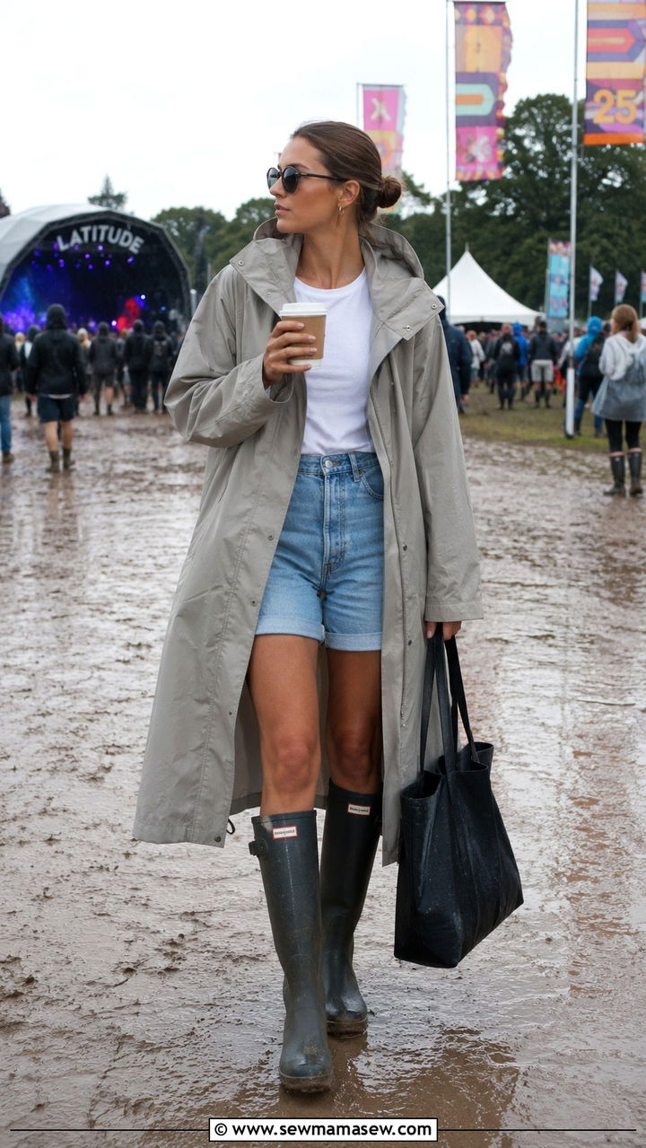 Longline Rain Coat With Shorts and Knee High Boots - 25 Rainy festival outfit ideas