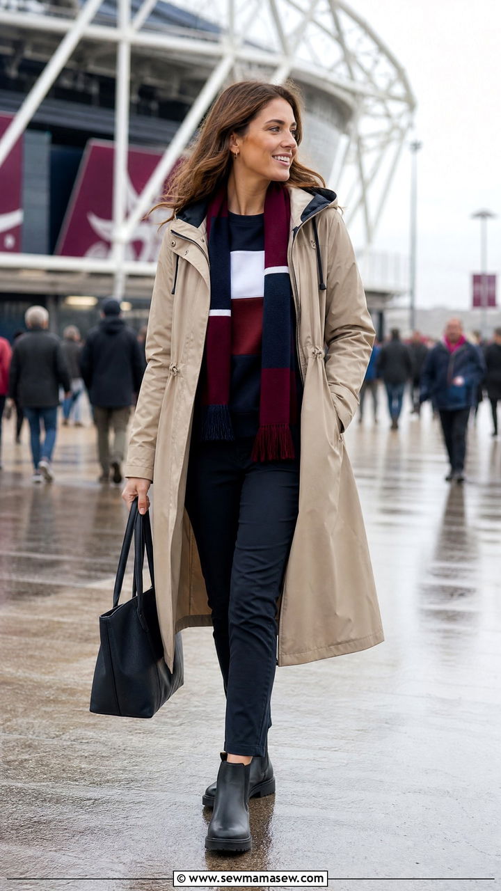 Longline Raincoat With Team Scarf And Slim Trousers - 25 Gameday outfit ideas rainy weather
