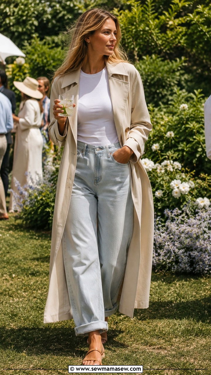 Longline Trench Coat With Fitted Tee and Strappy Sandals - 25 Baggy jeans outfit ideas with a trench coat