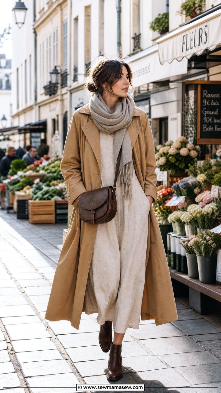 Longline Trench Coat With Linen Dress And Soft Scarf - 25 poetcore outfits inspo