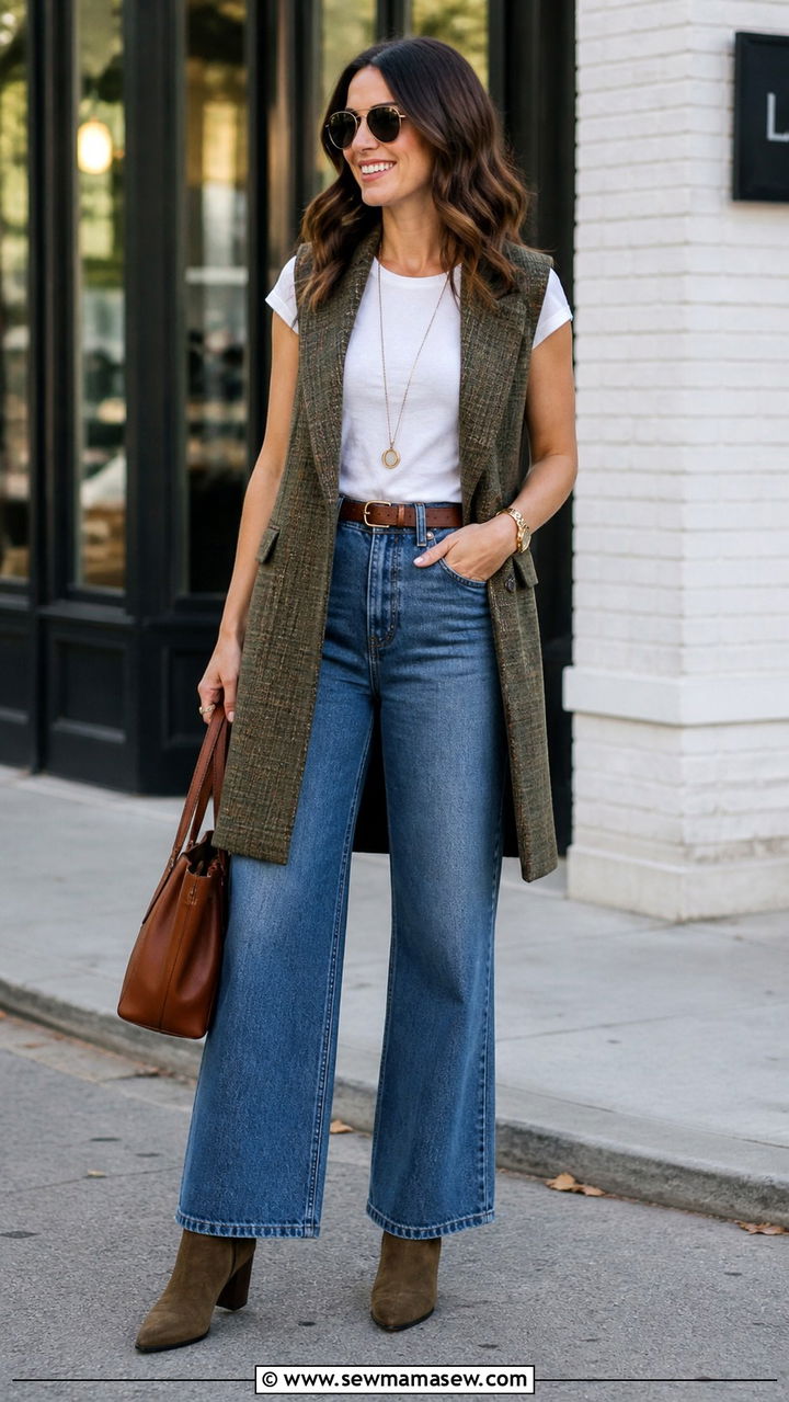 Longline Vest And Wide Leg Jeans Boho Chic Outfit - 40 boho chic outfit ideas