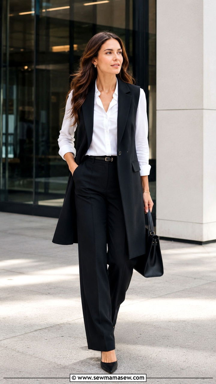 Longline Vest Over A White Shirt With Wide Leg Trousers - 30 transitional office outfit ideas