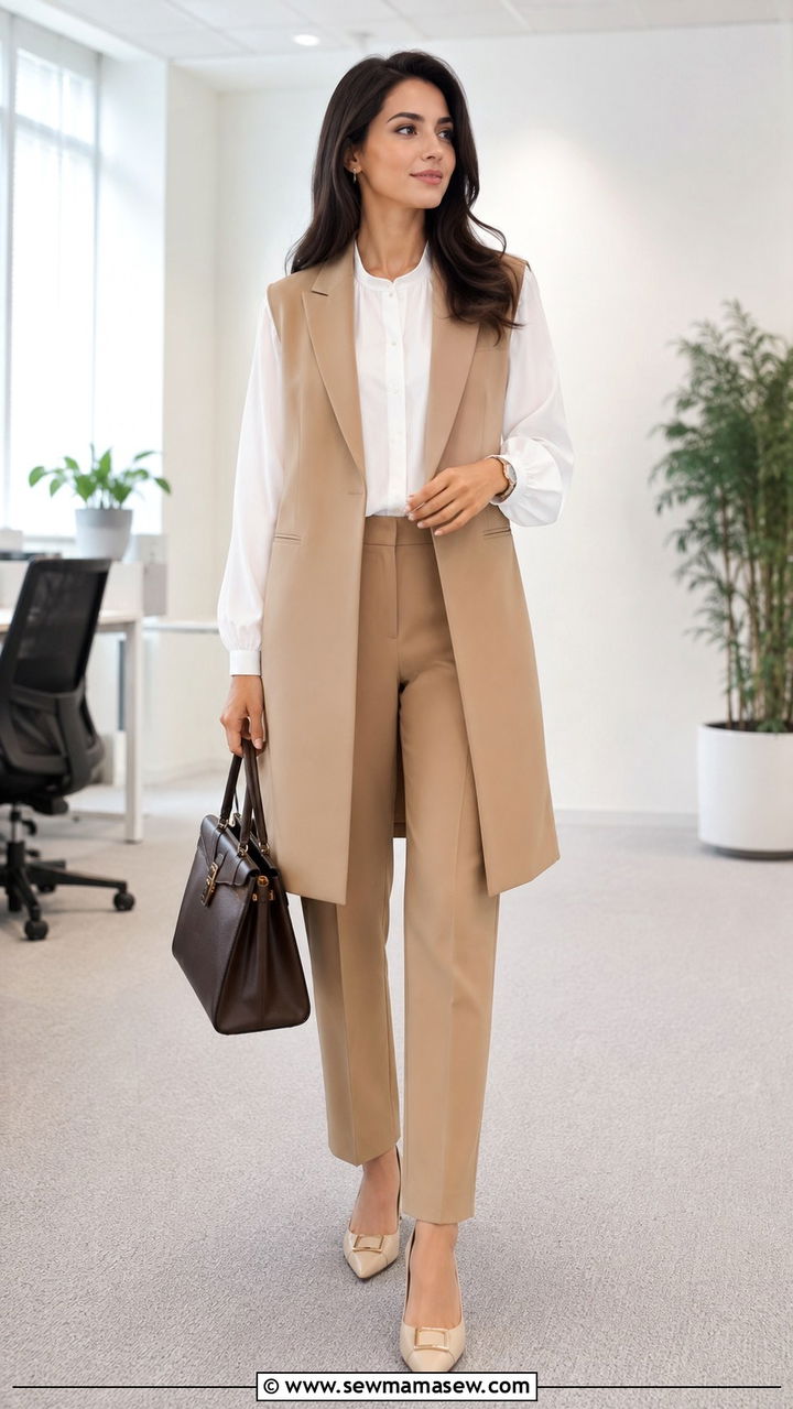 Longline Vest Over Blouse And Trousers Outfit - 30 modest office outfit ideas