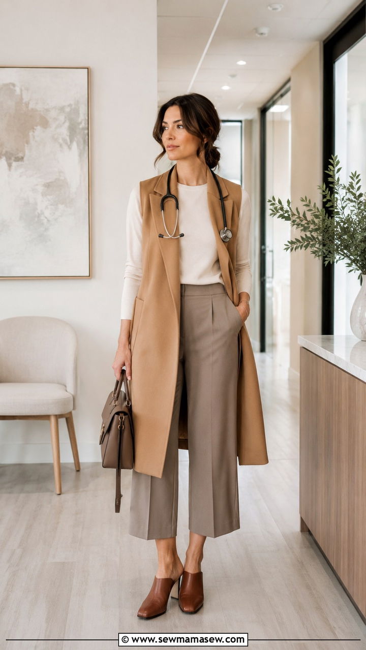 Longline Vest Over Knit Top And Culottes - 20 Modest outfit ideas for doctor