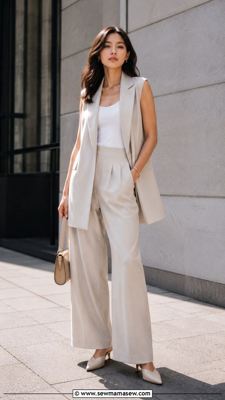 Longline Vest Over Matching Wide Leg Trousers - 30 Petite outfit ideas to look taller
