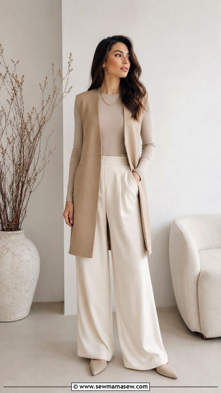 Longline Vest Over Tee With Palazzo Pants Outfit - 25 Modest outfit ideas layering hacks