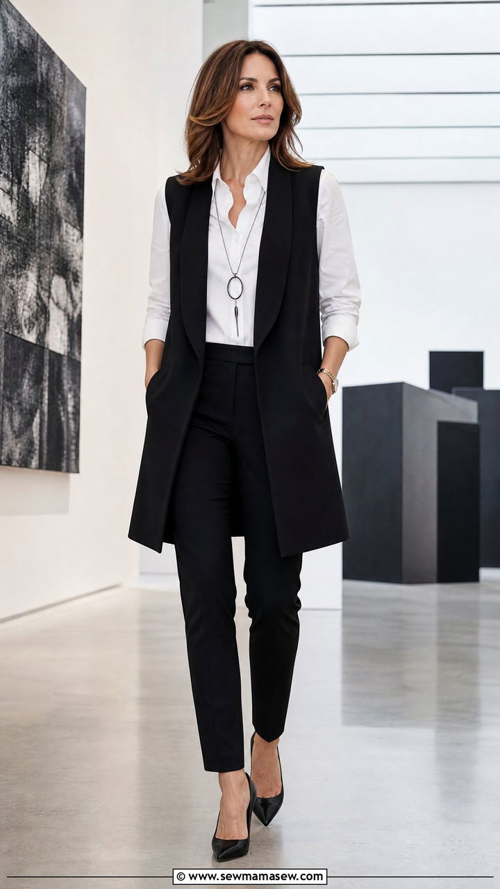 Longline Vest Over White Shirt and Slim Pants Outfit - 25 Outfits that make you look slimmer