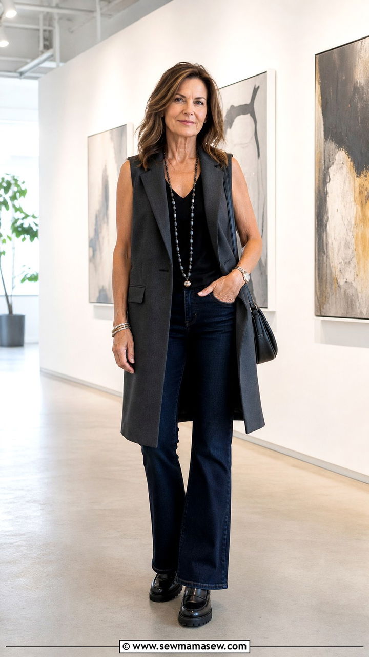 Longline Vest Over a V Neck Top and Bootcut Jeans - 20 Apple shape outfits for women over 50