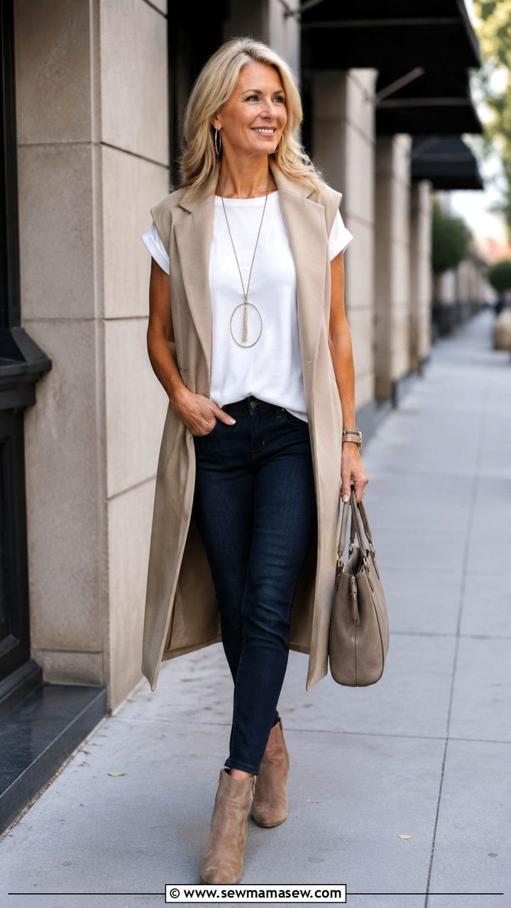 Longline Vest Slim Jeans - 30 Cute outfits for women over 50