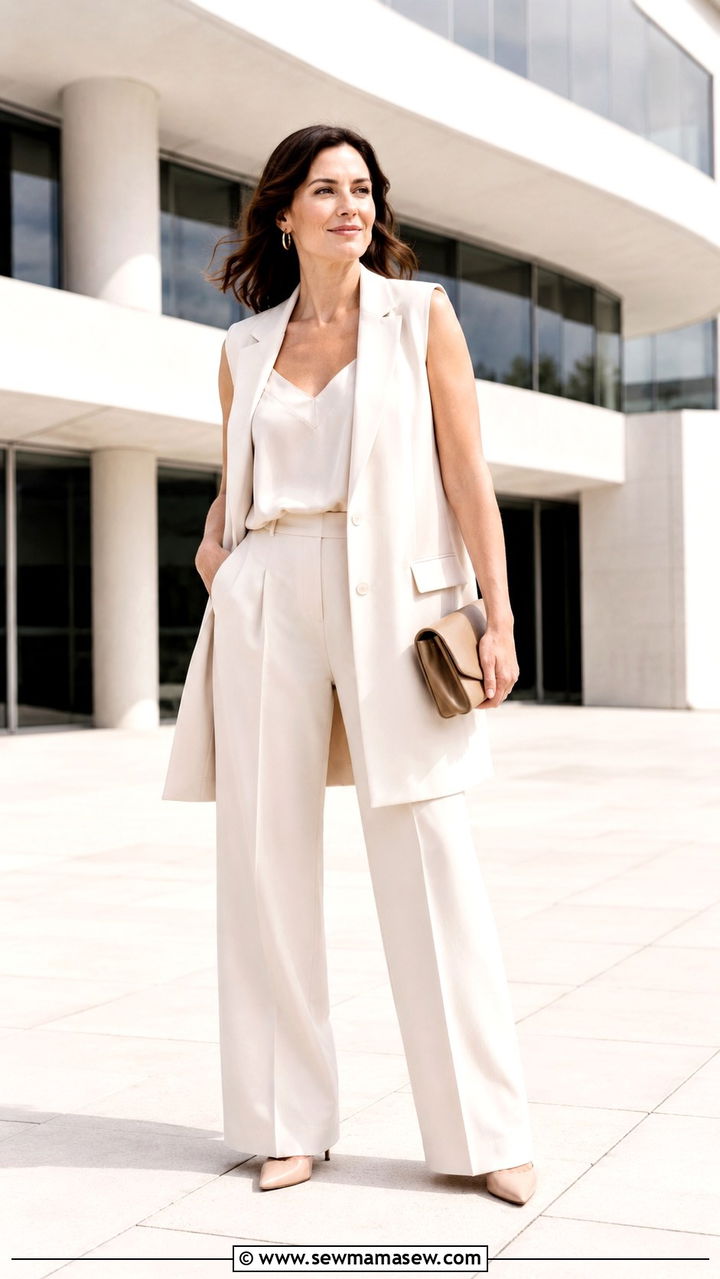 Longline Vest With Matching Wide Leg Trousers And A Silk Shell - 30 outfit ideas for apple shaped body